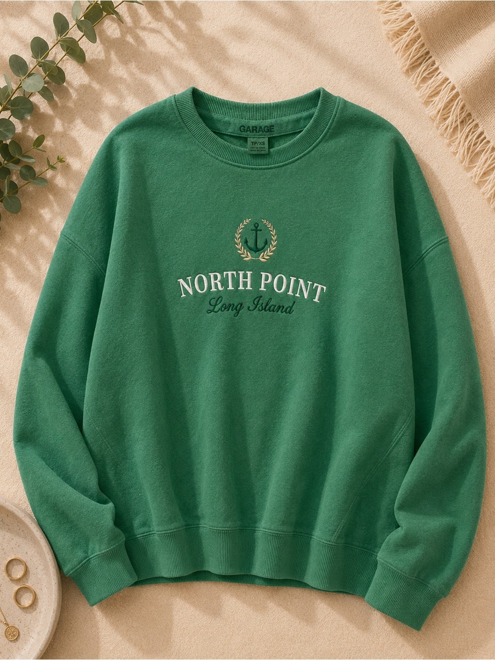 Garage Crew Neck Sweatshirt Oversized XS 8 North Point Long Island EUC Green